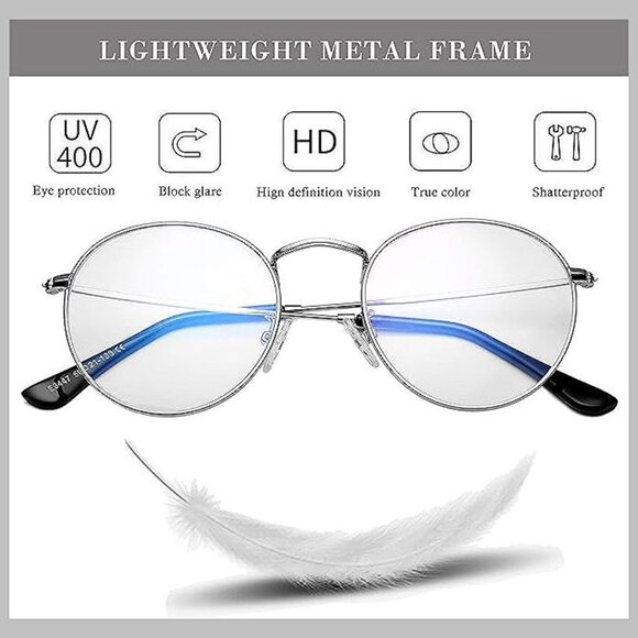 Round Blue Light Glasses for Women Men A03 Silver (Blue Light Blocking Lens) - Picture 5 of 6